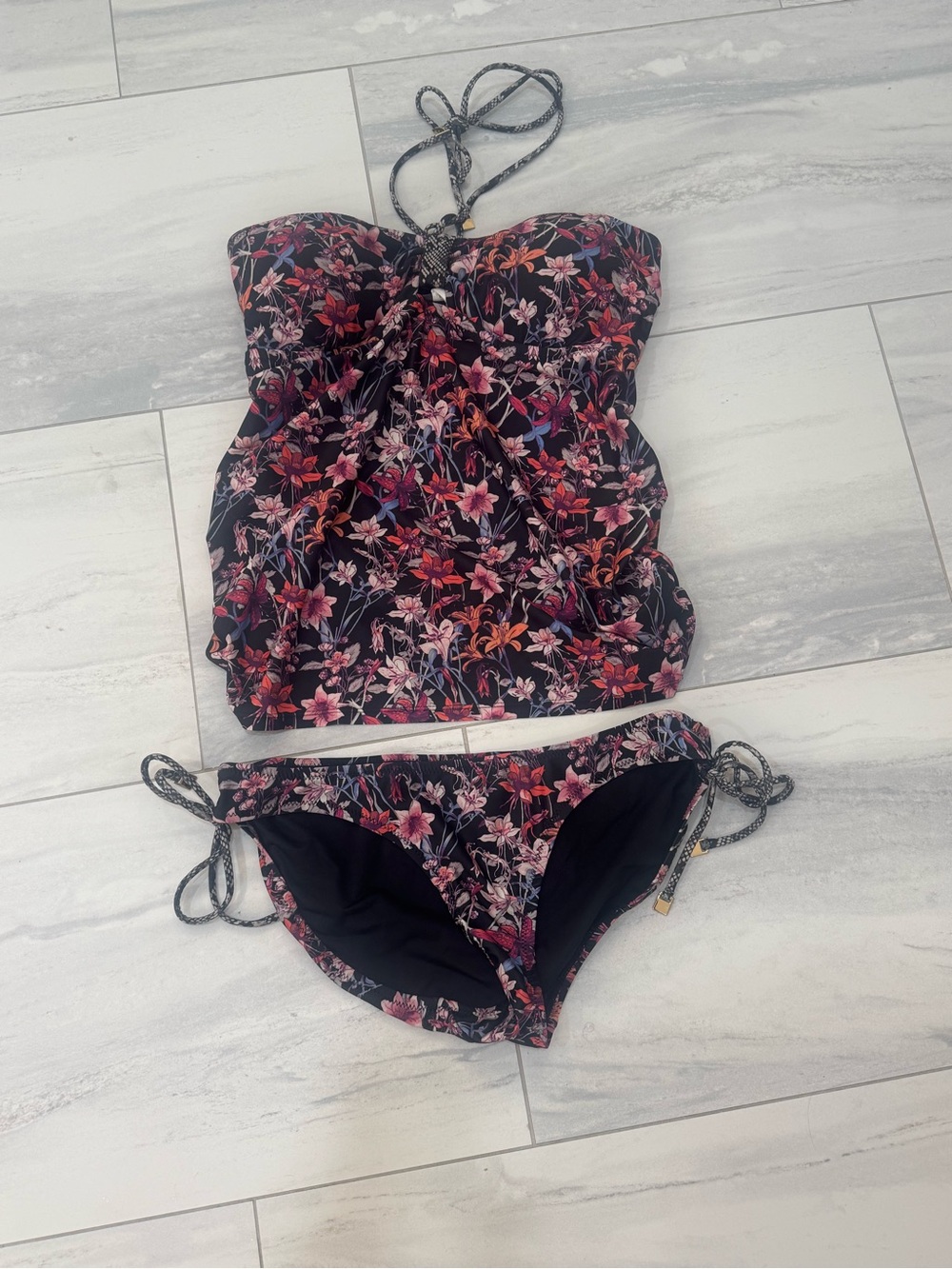 A Pea in the Pod Maternity Black Floral Halter Tankini Set